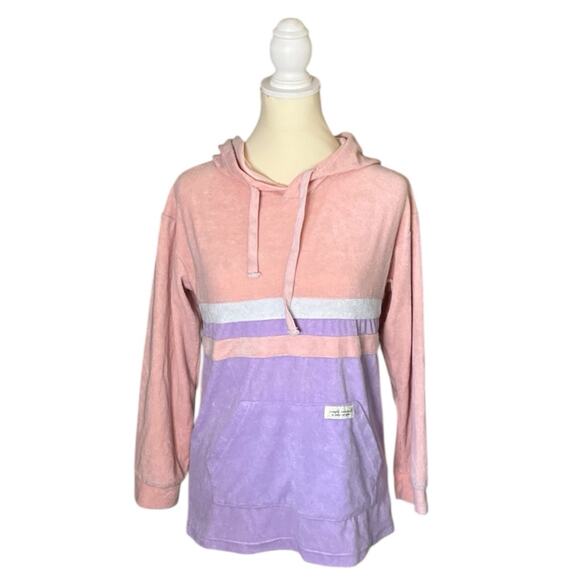 Simply Southern Terry Cloth Hoodie Pastel Pink Purple Colorblock Sweater NWT S - Picture 1 of 14